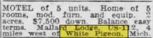 Little Country Inn (White Pigeon Motel) - June 1956 Mallard Lodge For Sale